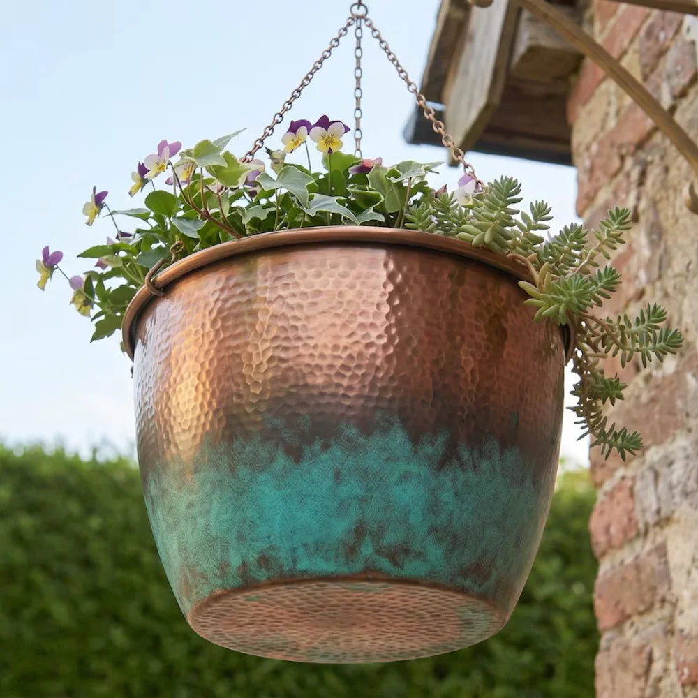 Plomet Handmade Hammered Verdigris Copper Hanging Planter - 20 cm / 7.8 Inches