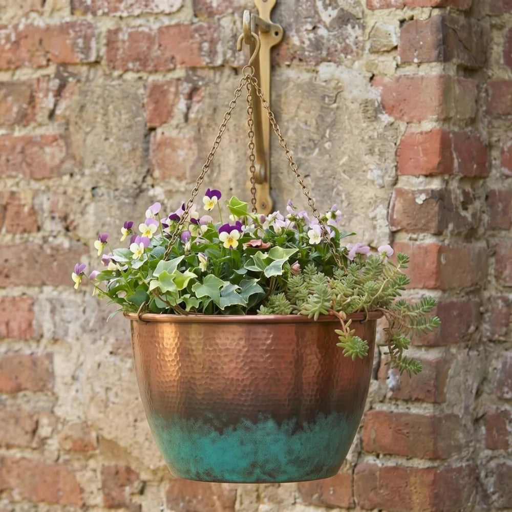 Plomet Handmade Hammered Verdigris Copper Hanging Planter - 20 cm / 7.8 Inches