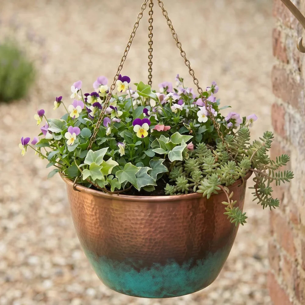 Plomet Handmade Hammered Verdigris Copper Hanging Planter - 20 cm / 7.8 Inches