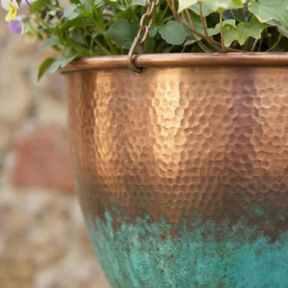 Plomet Handmade Hammered Verdigris Copper Hanging Planter - 20 cm / 7.8 Inches