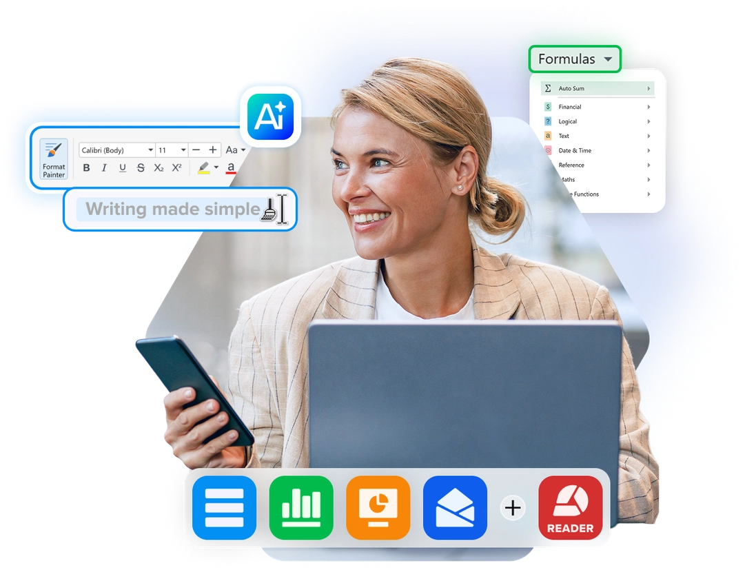 Office apps, formulas and editing tools around a laptop user
