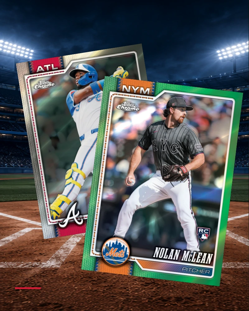 Two overlapping official Topps Chrome Baseball cards on a dark background