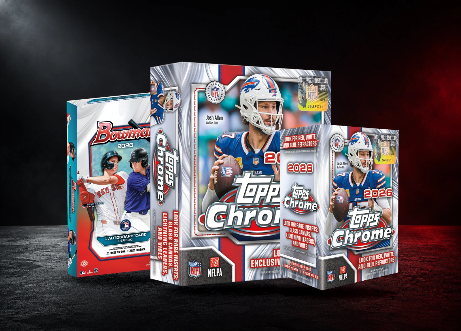 Original Topps Chrome Football Mega and Value boxes with a Bowman Baseball Hobby Box on a dark studio display